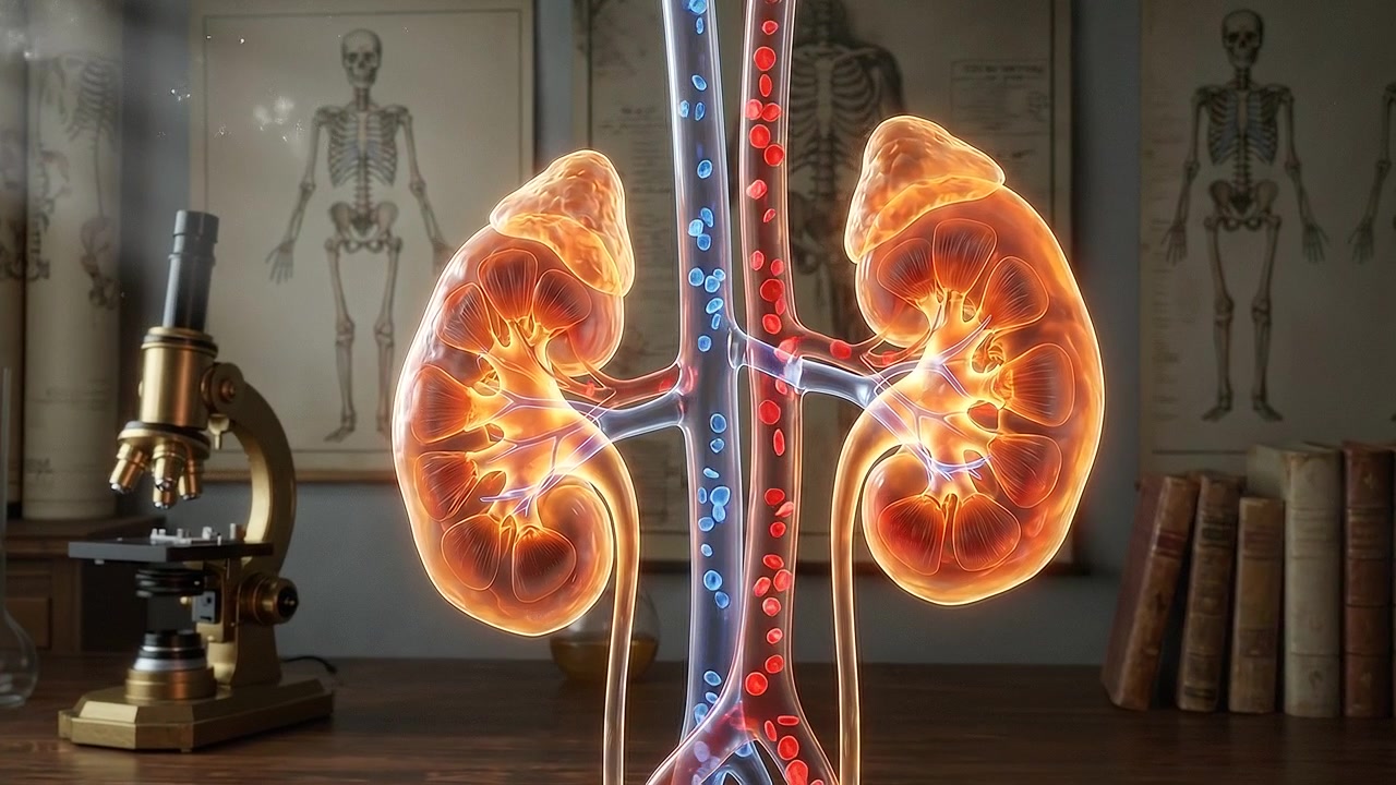 Human kidneys anatomy displayed in clinical interior environment visualization