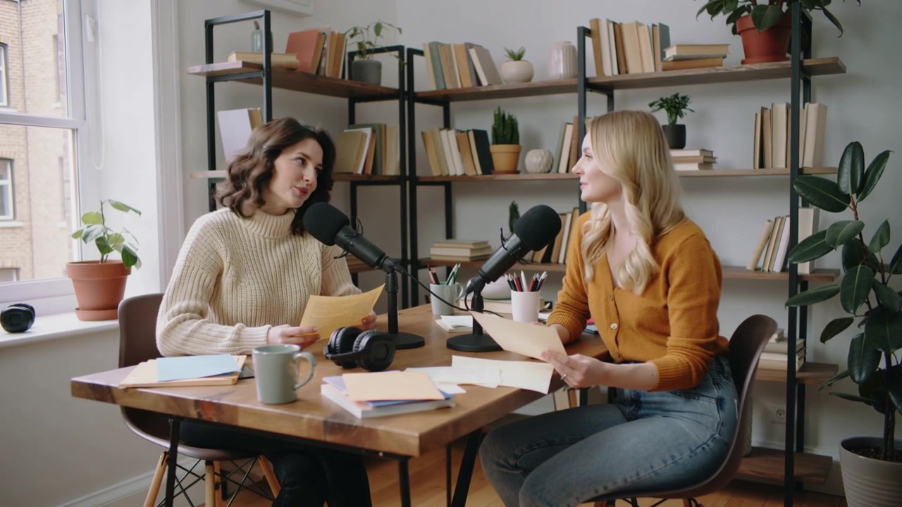 Spiller inn, to medverter iført turtleneck og cardigan leser notater i en krok for podcast med mikrofoner