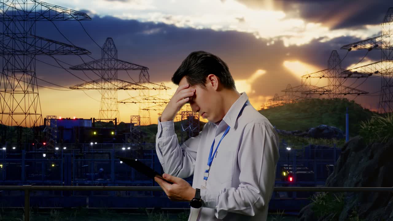 Side View Of An Asian Male Professional Worker Standing With His Tablet Near High Voltage Tower, Industrial Facility, Checking With Dissapionted And Nodding His Head