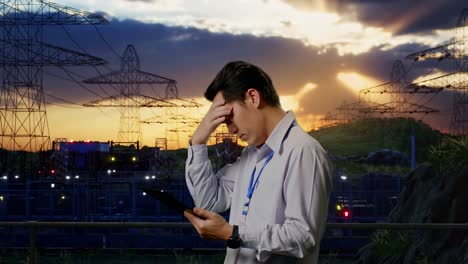 side view of an asian male professional worker standing with his tablet near high voltage tower, industrial facility, checking with dissapionted and nodding his head
