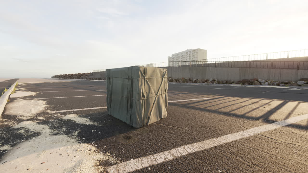 caja de embalaje envuelta en un estacionamiento vacío