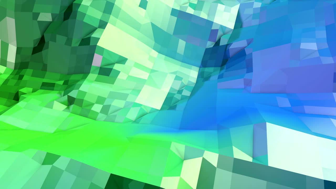 4k 끔한 낮은 폴리 애니메이션 배경, 루프, 현대 그래디언트 색상과 함께 현대 기하학 스타일의 완벽한 3d 애니메이션, 창의적인 간단한 배경, 파란색, 초록색 그래디언트의 색상, 지형 1
