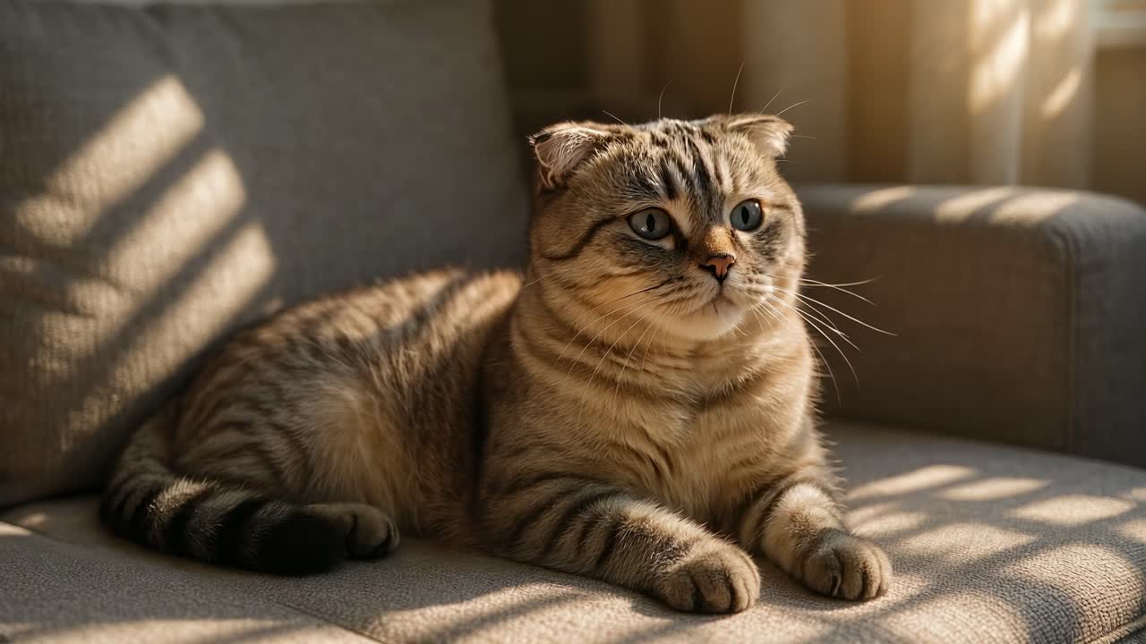 A cozy video scene of a tabby cat lounging on a sunlit sofa. The low-angle shot captures the cat's