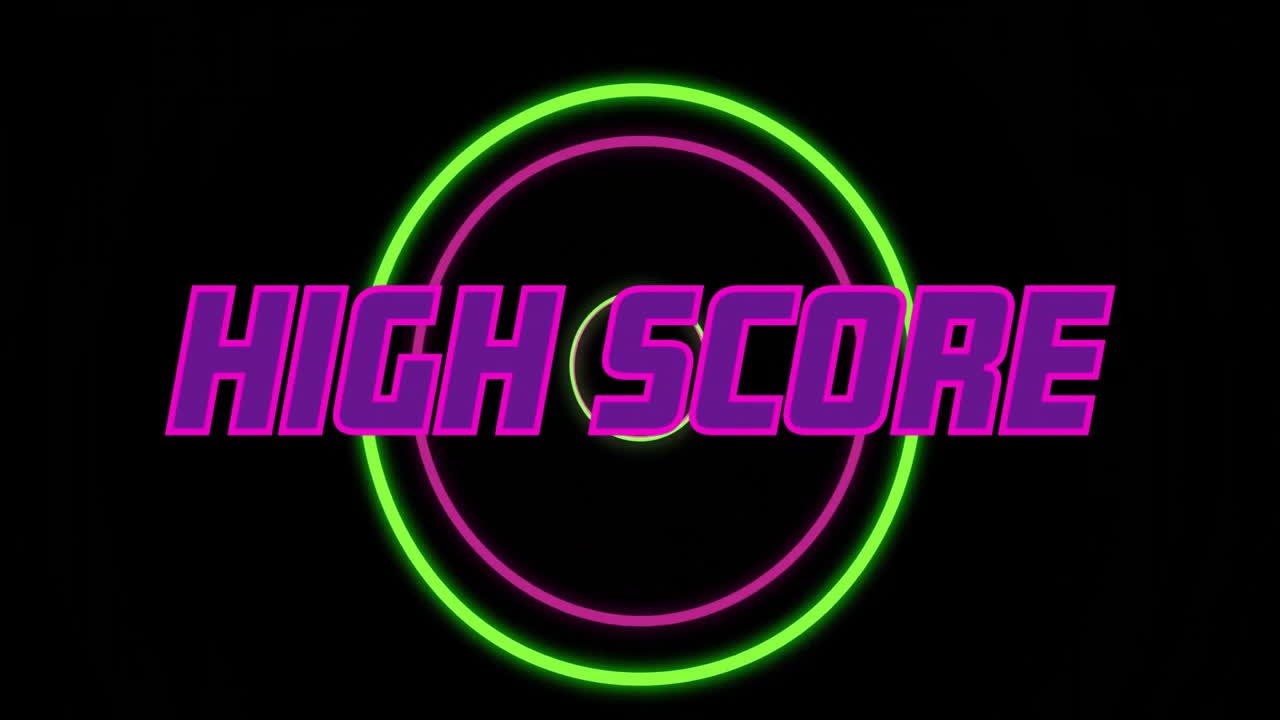 High score animation in bold pink text with neon green circle on black background