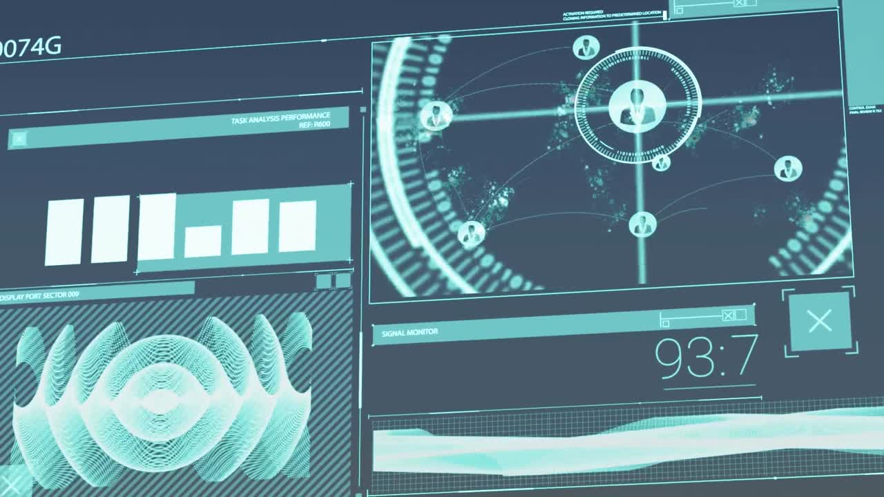 animaciones de la interfaz digital sobre un fondo oscuro