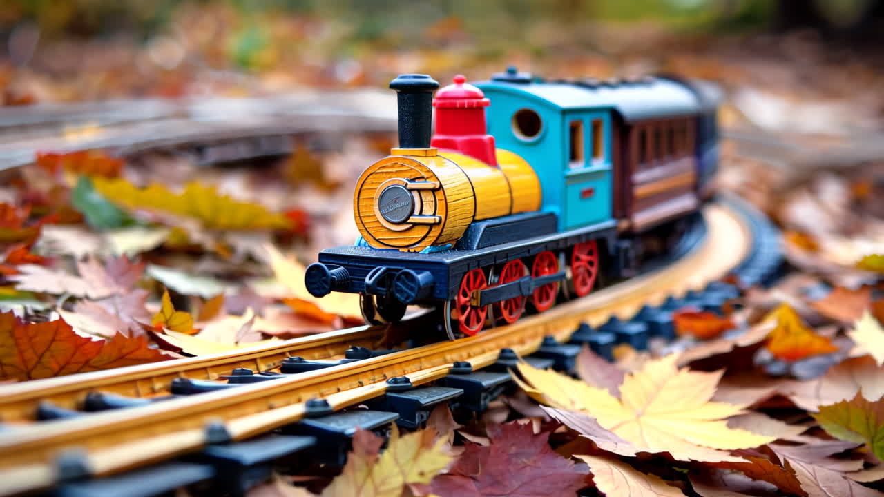 A toy train is on a track with leaves on the ground. The train is yellow and blue
