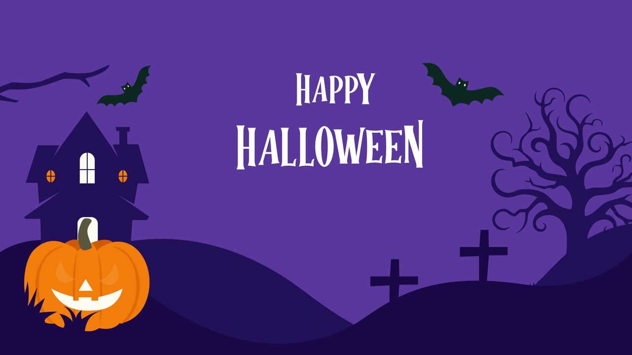 Augurio animato di Buon Halloween con casa stregata spettrale e zucca