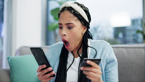 woman, phone and credit card with stress