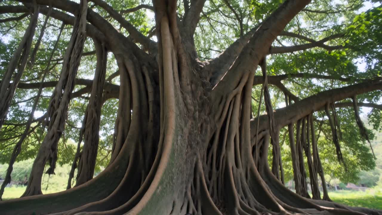 カメラを上に向けて、公園で子供が座ってガジュマルの天蓋を見上げており、そのスケール感を表現している。
