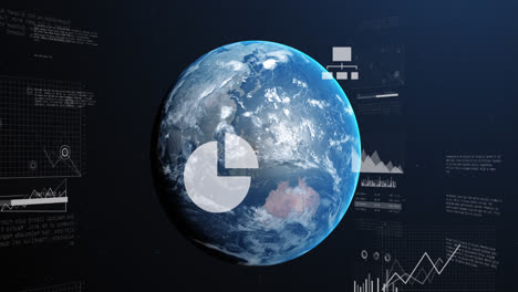 animación de estadísticas y procesamiento de datos sobre el globo terrestre sobre fondo azul