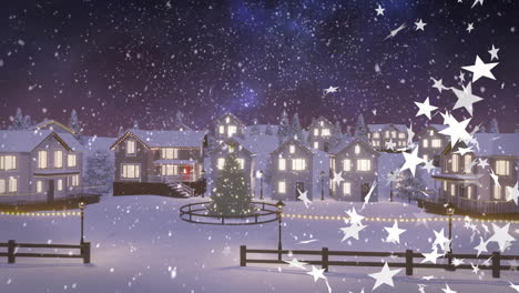 In night animation, snowy village glowing houses with stars falling in sky
