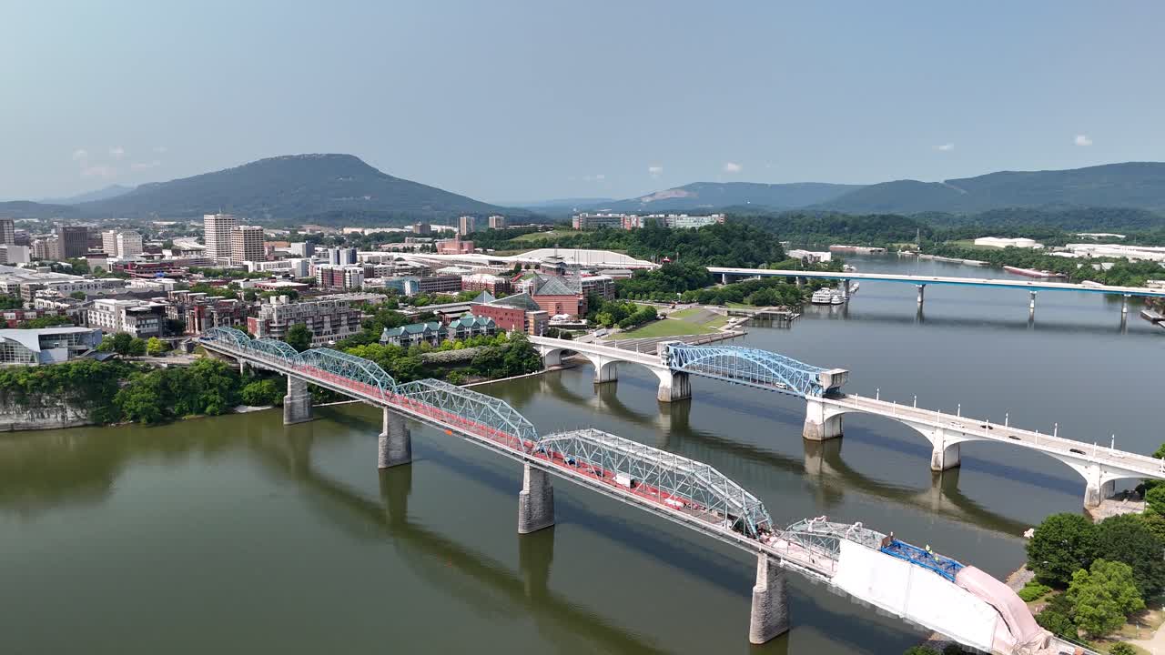 Aerial Drone Journey Over Chattanooga Riverfront, Tennessee
