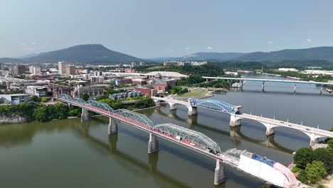 aerial drone journey over chattanooga riverfront, tennessee