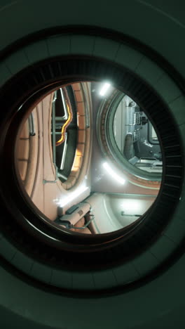 spaceship interior through a round window