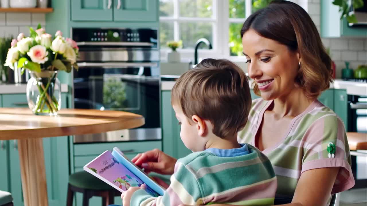 Mother Reading Storybook to Toddler in Kitchen