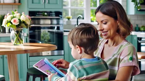 mother reading storybook to toddler in kitchen