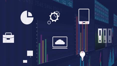 animation of data processing and multiple digital icons against blue background