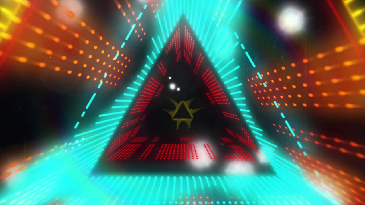 Animating geometric shapes and neon lights over dark background with glowing particles