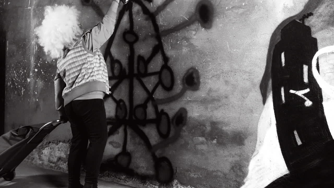 abuela rebelde artista de graffiti contra una pared urbana