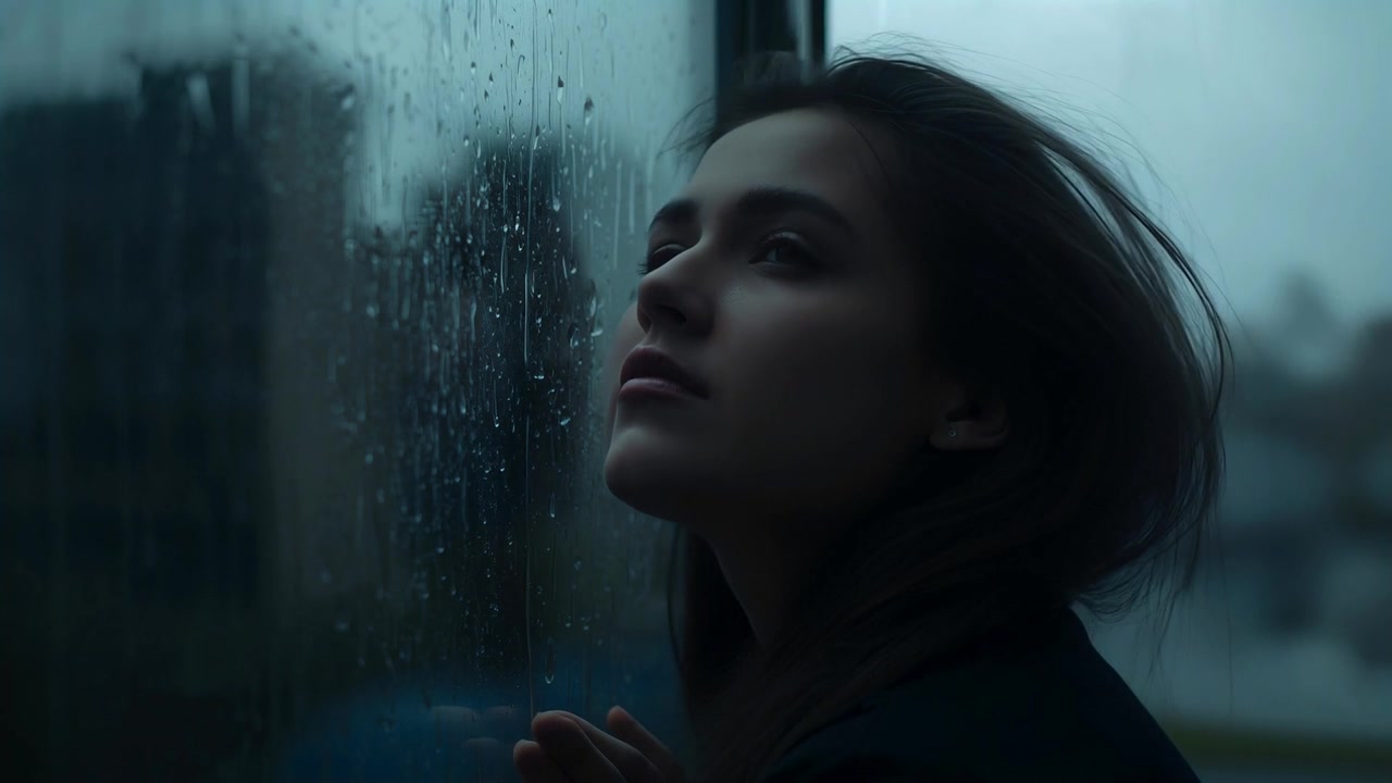 Chuva a tamborilar, levando uma mulher de casaco escuro a abrir os olhos à janela do quarto, enquanto observa a cidade e aperta as mãos.