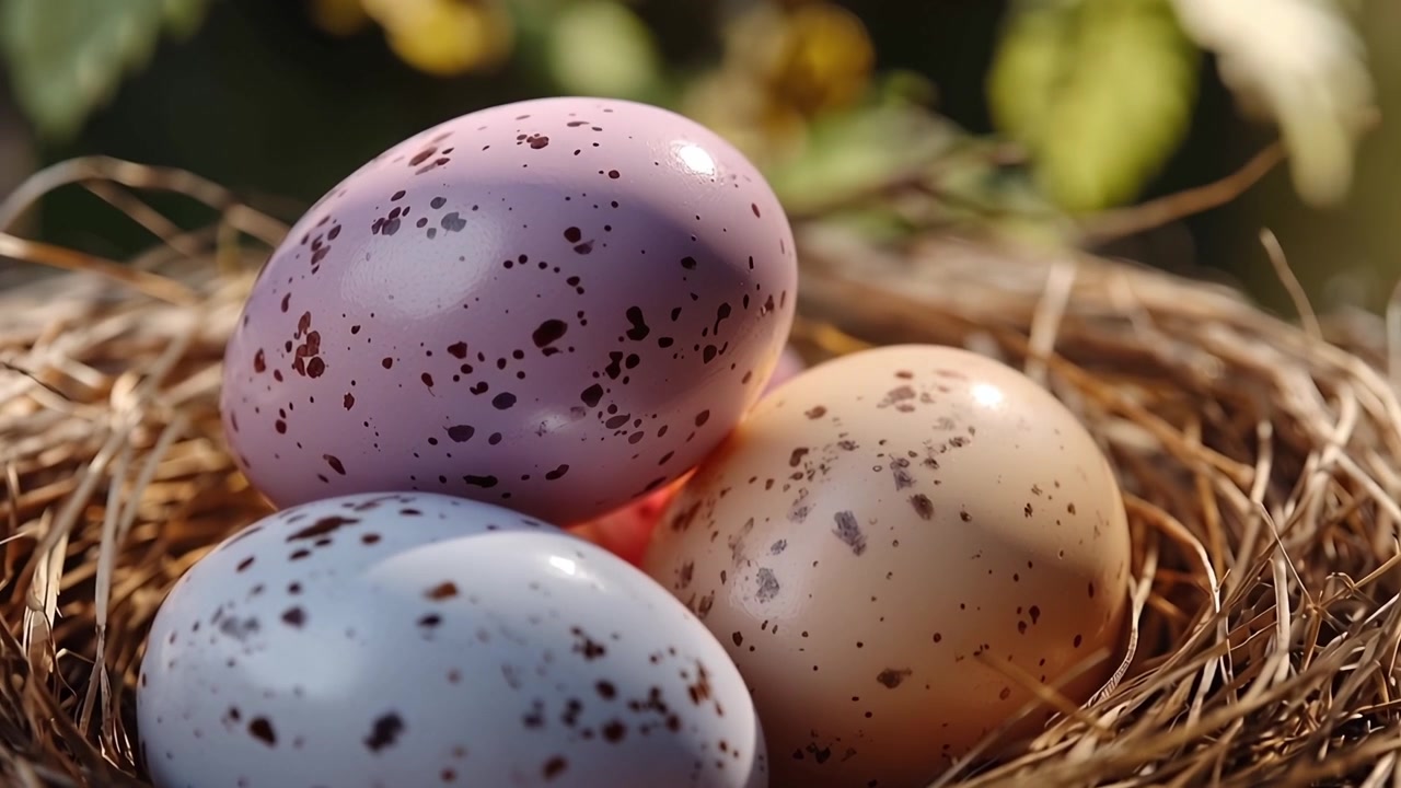 Close-up of Three Speckled Bird Eggs in a Nest
