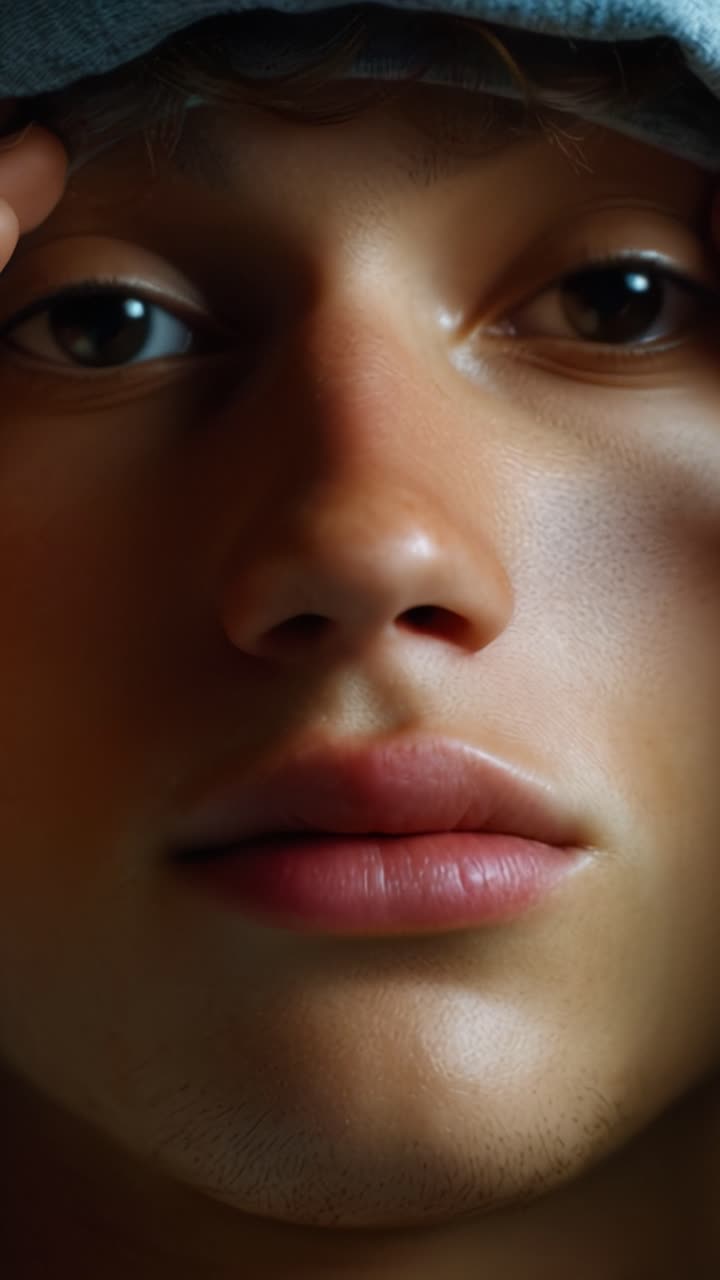Nahaufnahme einer jungen Person mit einer grauen Kapuze, die die Augen bedeckt, die definierte Gesichtszüge und Ausdrücke in einer beeindruckenden Lichtkulisse zeigt.