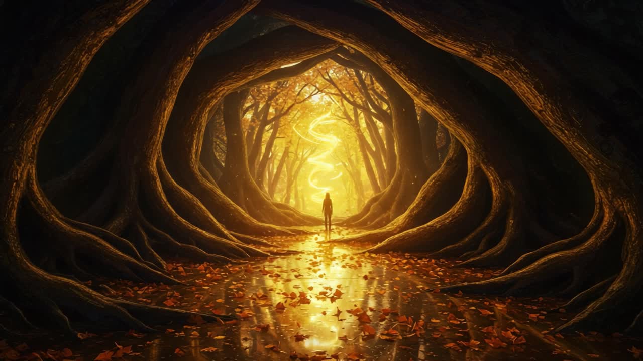 A Mystical Journey Through a Golden-Hued Forest Pathway, Surrounded by Ancient Trees and Bathing in Ethereal Light that Invites Adventure and Discovery