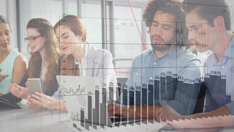 business data charts animation over diverse team working on laptops and tablets