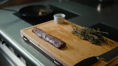 mouthwatering deer meat dish in a professional kitchen with some herbs next to it