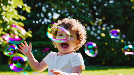 happy child playing with colorful bubbles in a garden