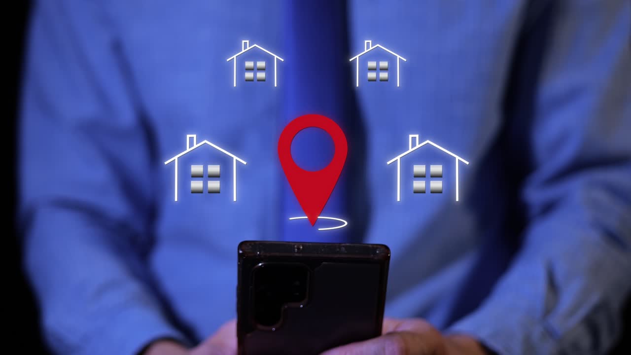 Businessman browse property listings on phone with animated GPS pin and house icons showing real estate search concept