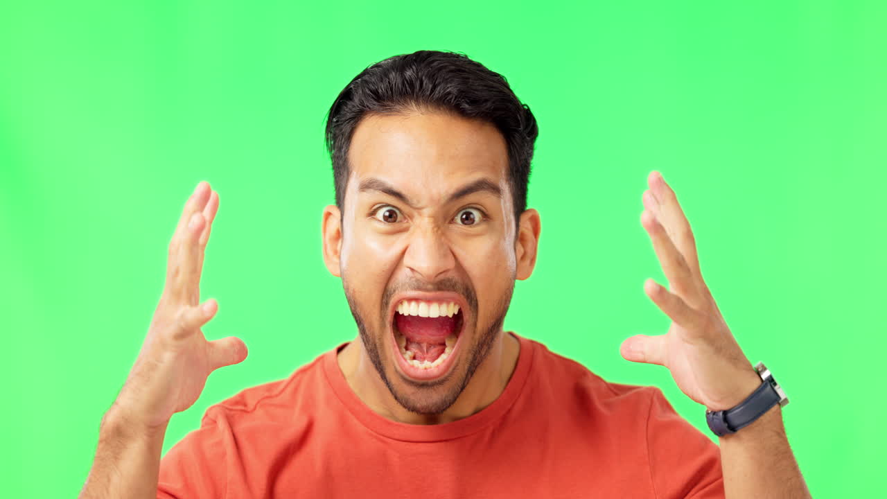 Face, green screen and man screaming