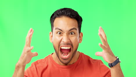 cara, pantalla verde y hombre gritando