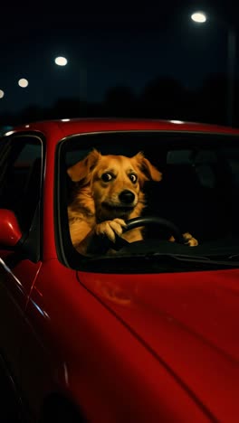 A humorous video concept with a dog driving a red car at night. Shot from a side angle