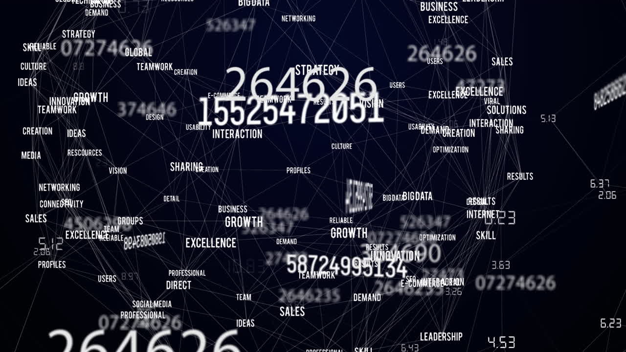 animación de la red de conexiones con textos comerciales en fondo negro