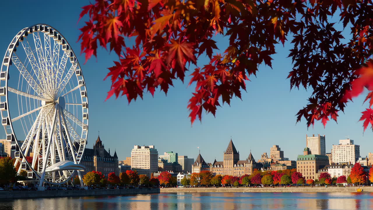 Montreal skyline with La Grande Roue Ferris wheel and autumn foliage by the St. Lawrence River