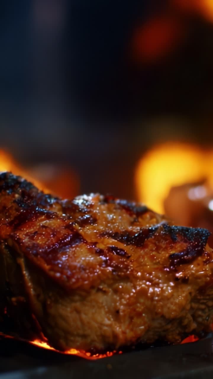 Sizzling Grilled Meat Cooking Over an Intense Flame, Showcasing the Perfectly Charred Surface and Juicy Texture in a Culinary Delight