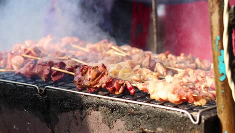 meat skewers grilling over smoky charcoal