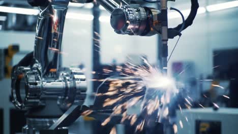 innovative robotic arm engaged in precision welding of metal components in a high-tech industrial setting with sparks illuminating the workspace