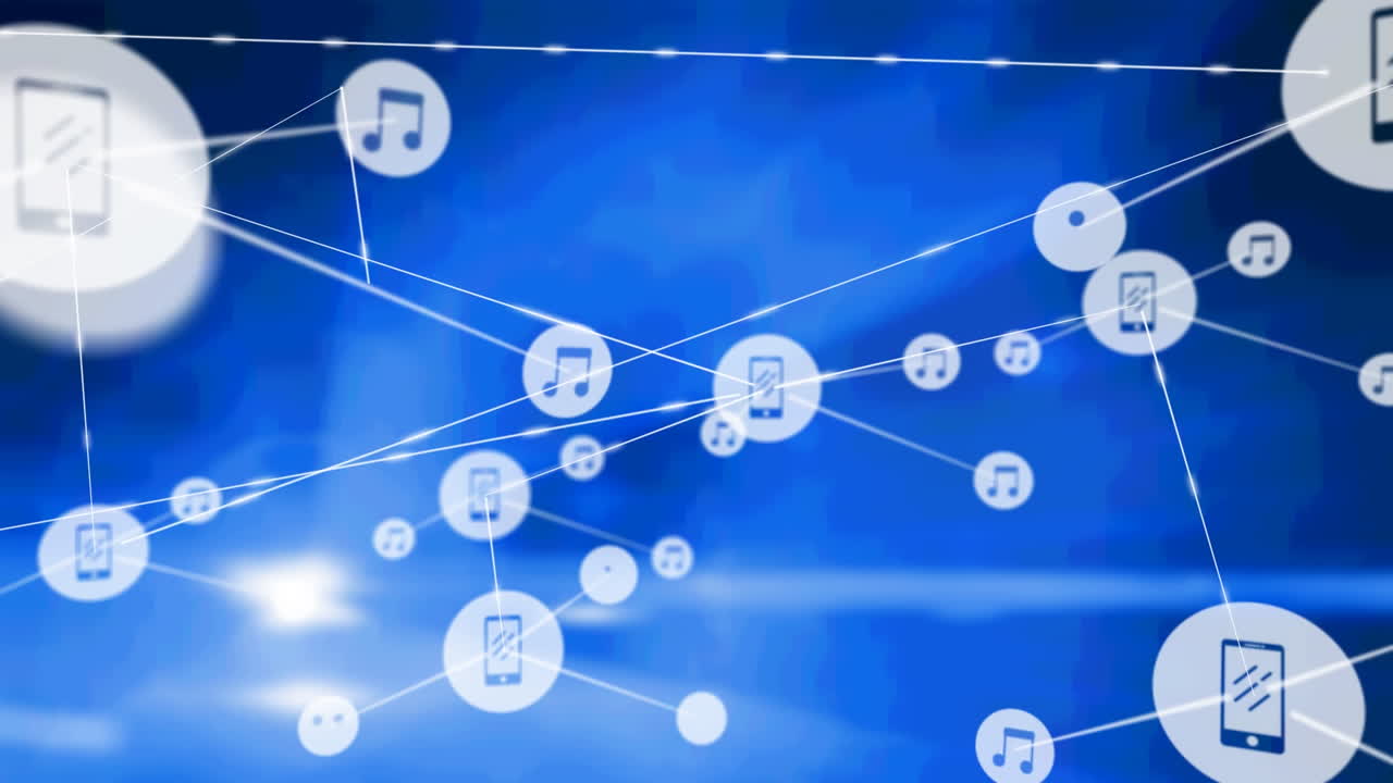 파란색 배경에 빛의 반점에 대한 디지털 아이콘의 네트워크