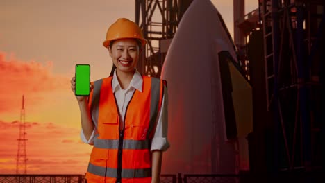 engineer holding smartphone with green screen in front of rocket