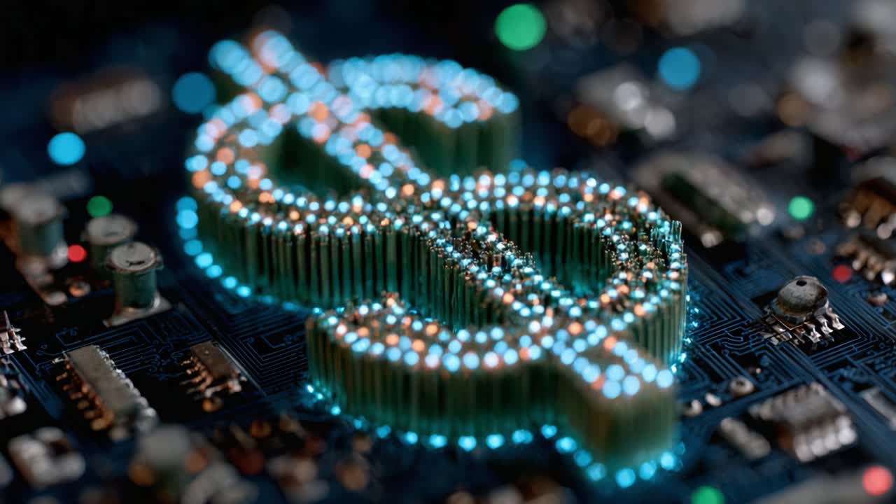 A Close-Up View of a High-Tech Dollar Sign Display on a Circuit Board, Highlighting the Intersection of Finance and Technology in a Digital Age