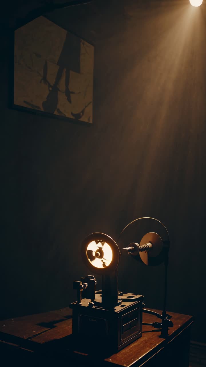 Vintage video projector casting light in a dim room, angled from the side