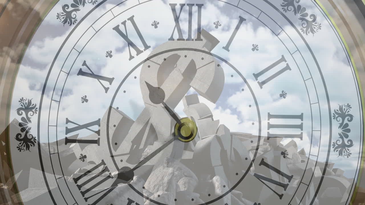 animación del reloj sobre símbolos de dólares rotos y nubes