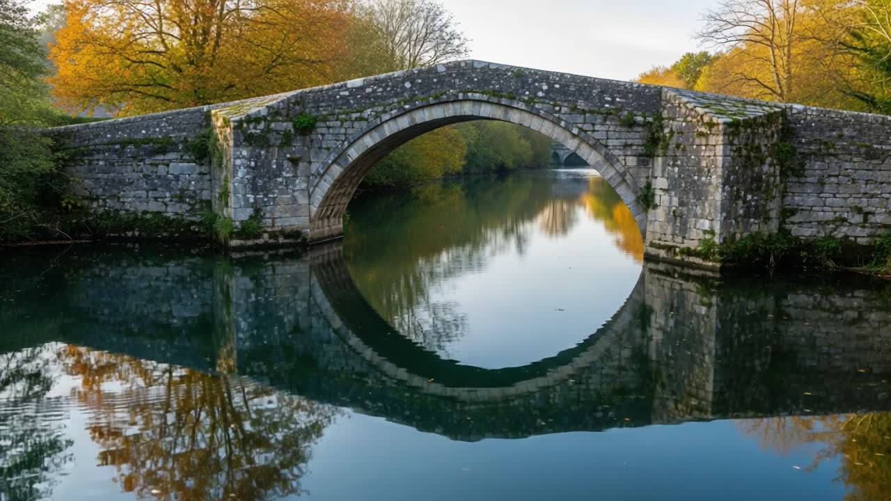 A Breathtaking Reflection of an Ancient Arch Bridge Over a Tranquil River Surrounded by Vibrant Autumn Foliage and Serene Waters in Nature's Embrace