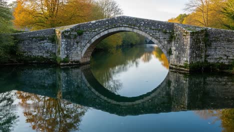 a breathtaking reflection of an ancient arch bridge over a tranquil river surrounded by vibrant autumn foliage and serene waters in nature's embrace