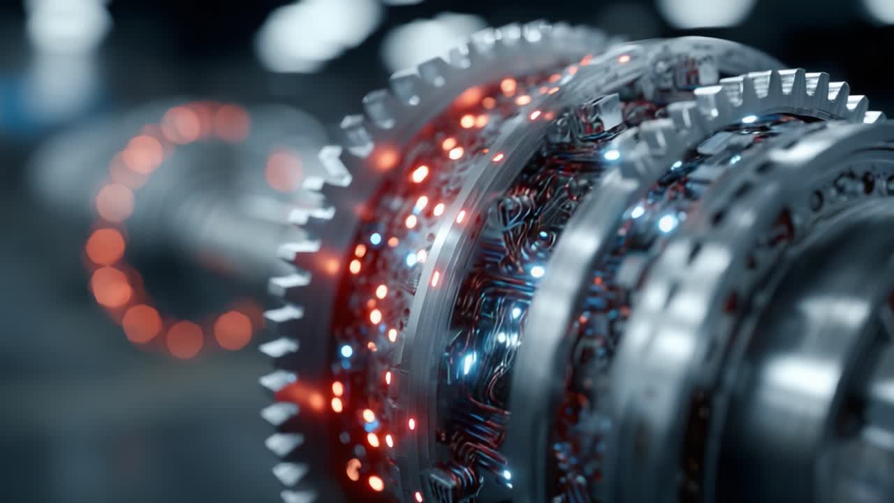 An Intricate Close-Up View of a Futuristic Mechanical Component Showcasing Advanced Technology with Bright LED Highlights and Complex Gears in a High-Tech Environment