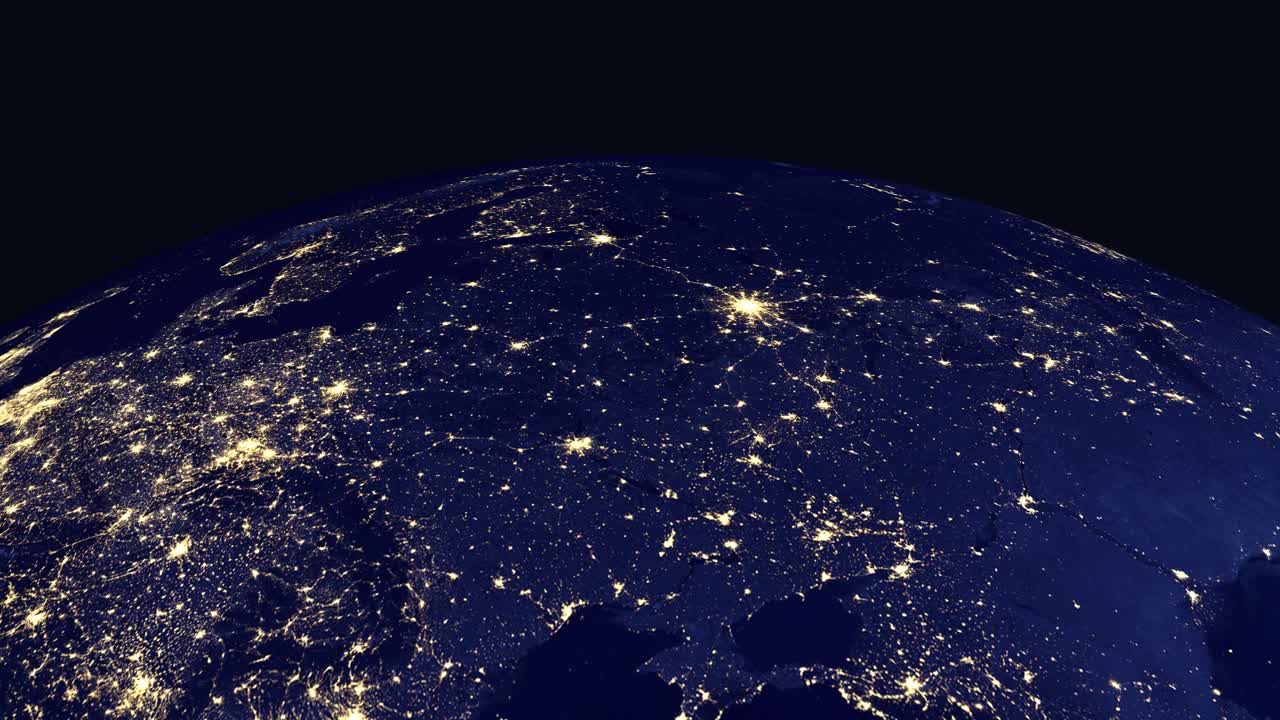 Digital animation zooms from space into a night view of Minsk Belarus and surrounding countries