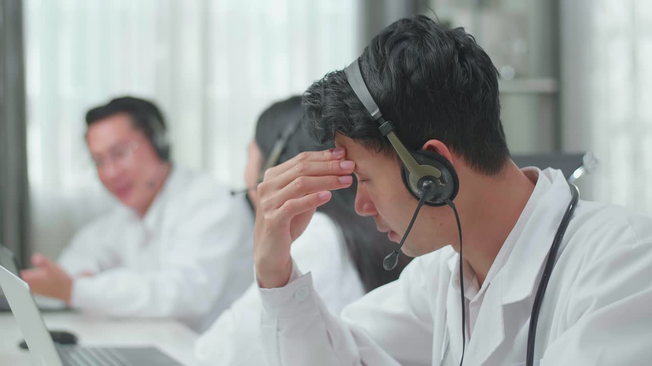 Close Up Of An Asian Man Doctor Wearing Headsets Working As Call Center Agent Is Tired Because His Colleagues Are Talking With Each Other During Working At The Office