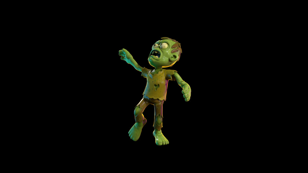 Personaggio zombie animato in stile cartone animato che cammina e si allunga